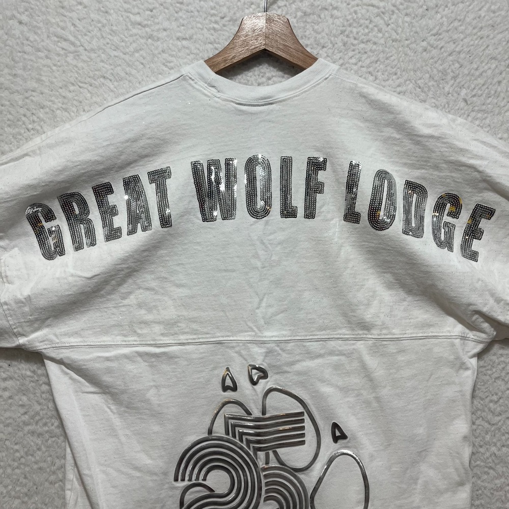 Spirit Jersey Great Wolf Lodge 25th ‎ Womens Sz M White Sparkled Sequin Script